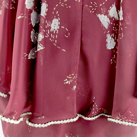 Vintage 1970s Romantic Sheer Ruffle Dress Burgundy Floral Rhinestone Trim Disco - Picture 11 of 12